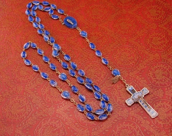 Antique Fatima lourdes Rosary - tiny statues on each bead - Sacred Heart relic - religious blue & silver RARE beads Italy