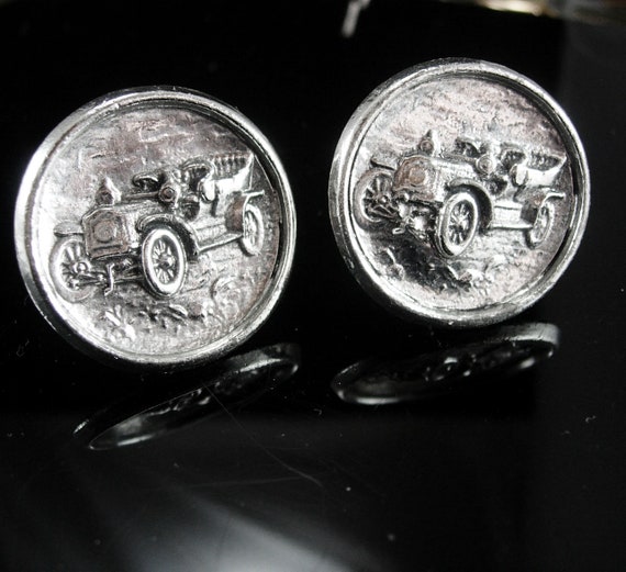 HUGE Antique Car Cuff links bright silver Cufflin… - image 2