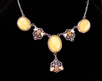 Vintage art deco necklace - enamel & faux star sapphire glass - yellow glass wedding jewelry antique choker