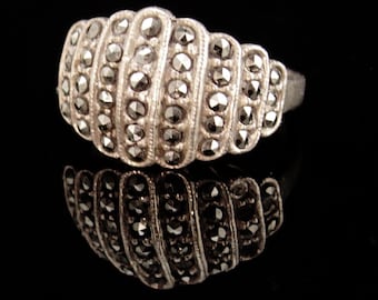 Vintage Sterling cocktail ring - Silver WIDE Marcasite ring - Size 5 1/2