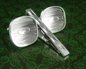 Silver Wedding Cufflinks & Tie clip fancy diamond cut custom personalized set cufflinks mens tuxedo set formal wear Tie bar