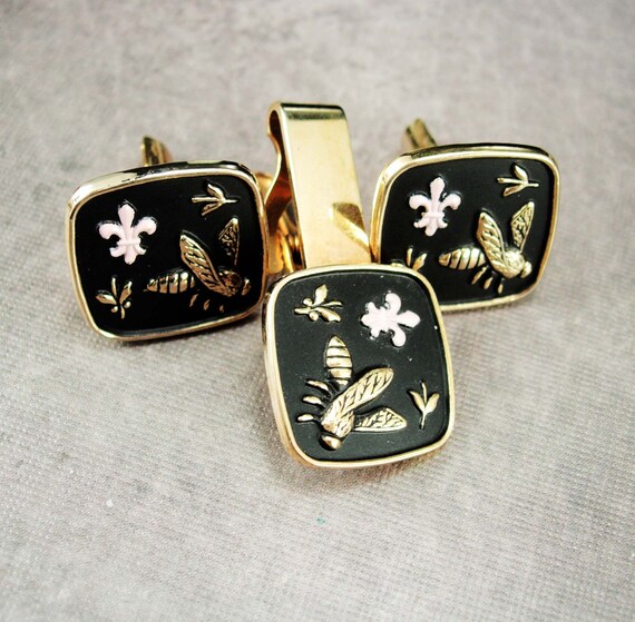Unusual Napoleon Bee Cufflinks Vintage Tie clip set F… Gem