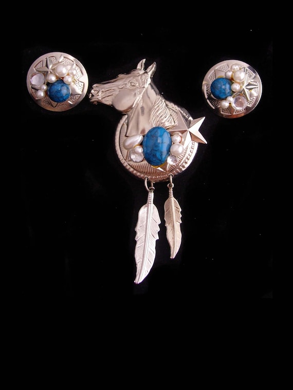 Cowgirl earrings / Horse brooch / Vintage southwes