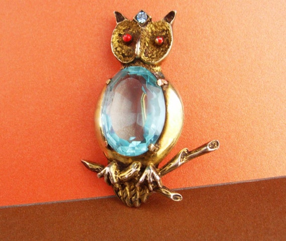 huge sterling pin - blue Jelly belly Owl Brooch -… - image 1