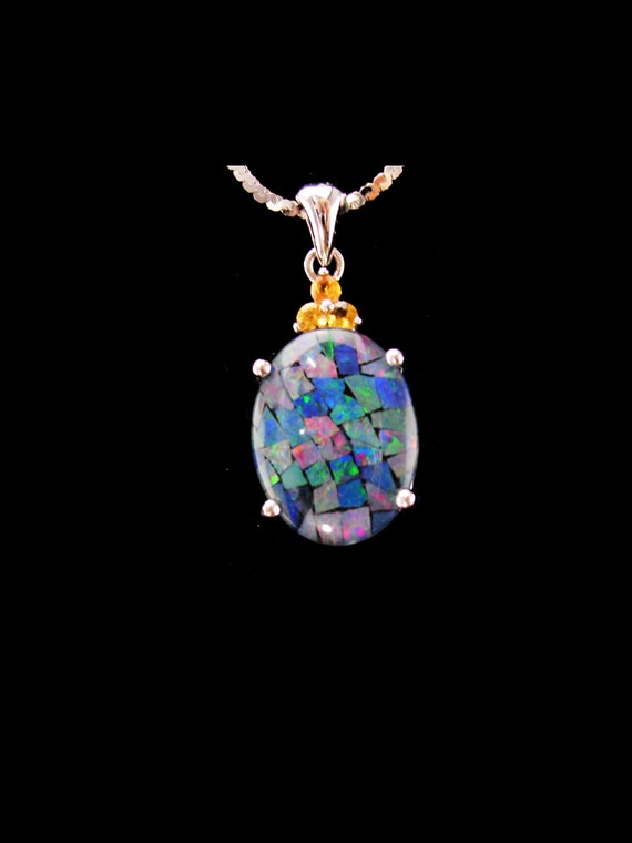 Sterling Mosaic Opal and Orange Sapphire necklace… - image 4