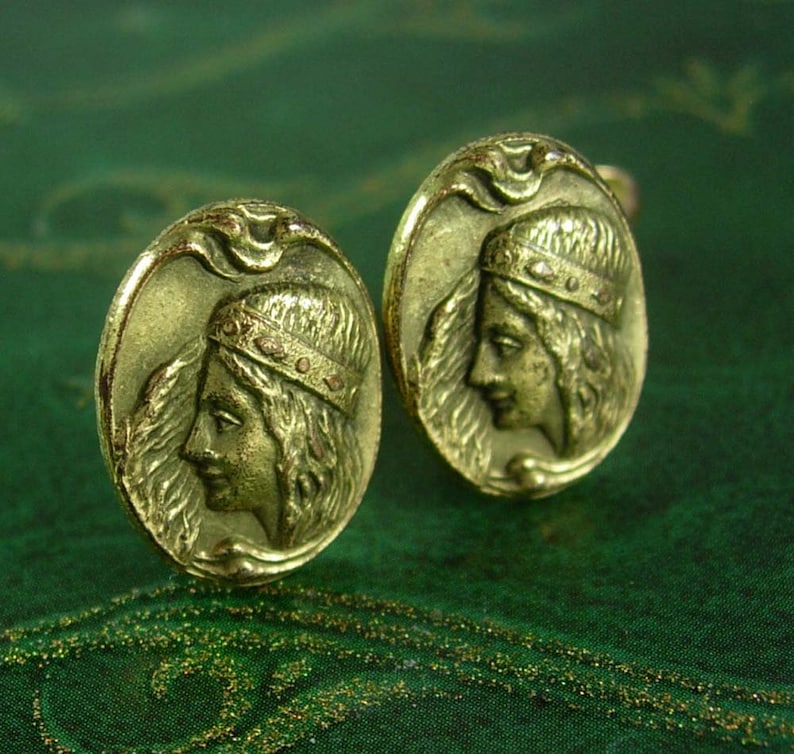 Antique Alphonzo Mucha cufflinks Art nouveau goddess gold victorian hinged back wedding estate jewelry