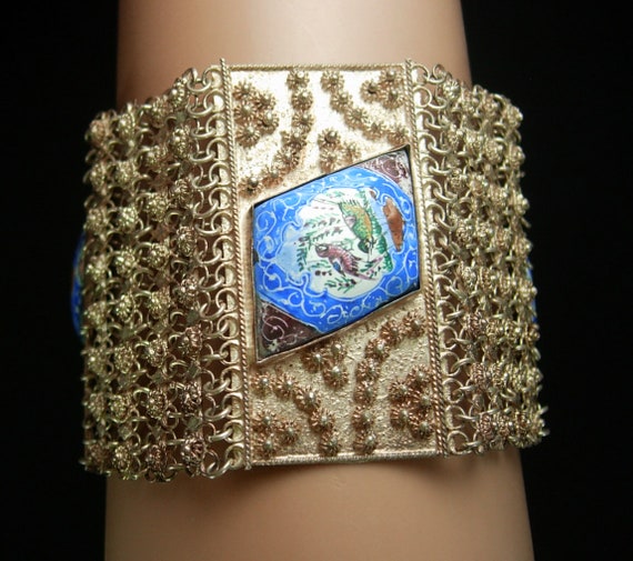 HUGE Persian Enamel Bracelet - vintage Tribal etr… - image 1