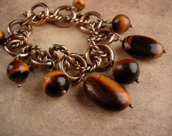 Large  Tiger Eye charm bracelet - Vintage big tiger eye beads - anniversary gift - Chinese good luck gift - protection stone