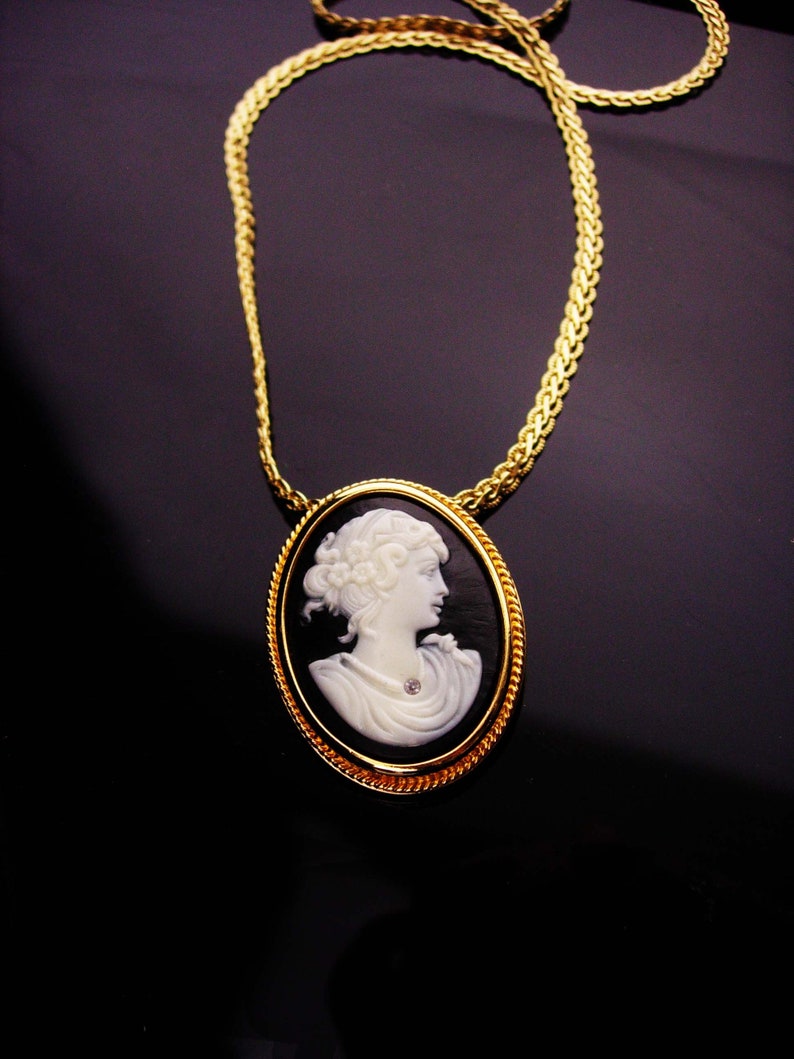 Black Cameo necklace Religious medal catholic cameo vintage brooch gold pendant necklace faux diamond gift for her anniversary
