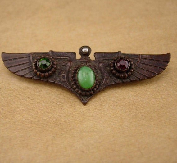 Antique Deco Winged Brooch - jeweled phoenix Egyp… - image 1