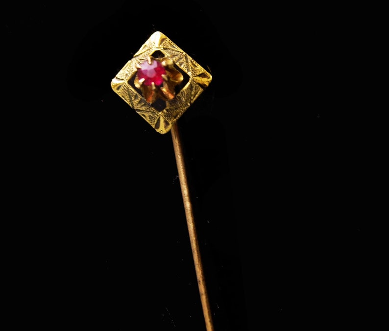Antique Victorian Ruby Stickpin 10kt Gold Hallmark Wedding lapel pin Birthday for him