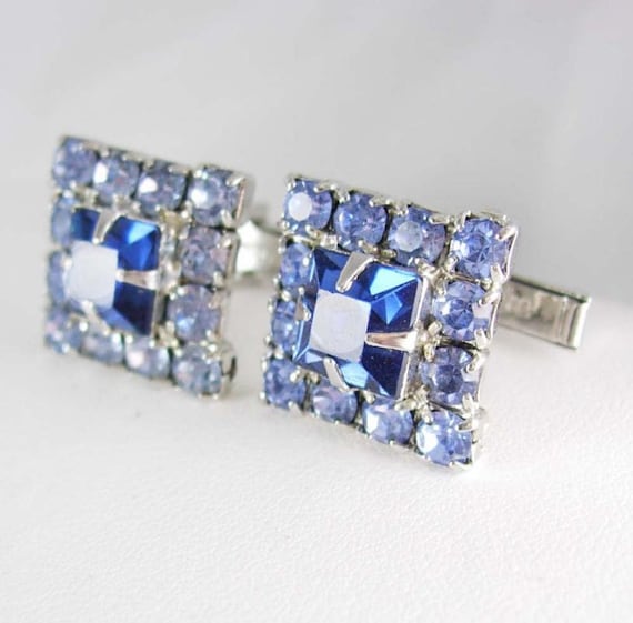 BLUE cufflinks rhinestone Cufflinks silver vintag… - image 1
