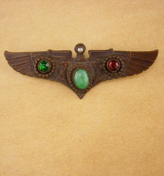 Antique Deco Winged Brooch - jeweled phoenix Egyp… - image 3