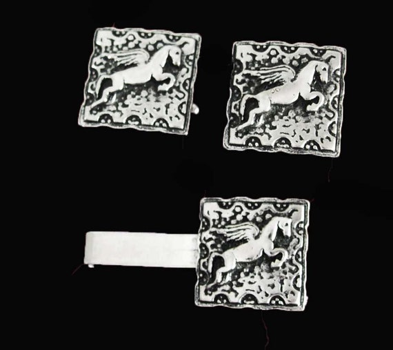 Unicorn Cufflinks silver plate horse tie clip SWA… - image 1