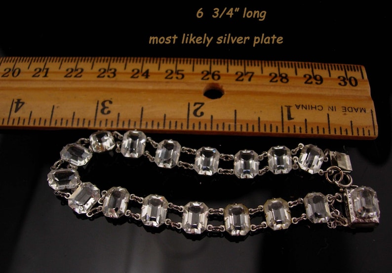 Vintage Art deco rock crystal bracelet / Antique brilliant faceted open back quartz bracelet estate jewelry safety chain image 7