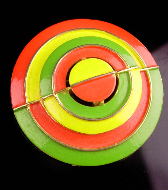 1960s Hippie Brooch - Orange Green Circle - pop a… - image 1