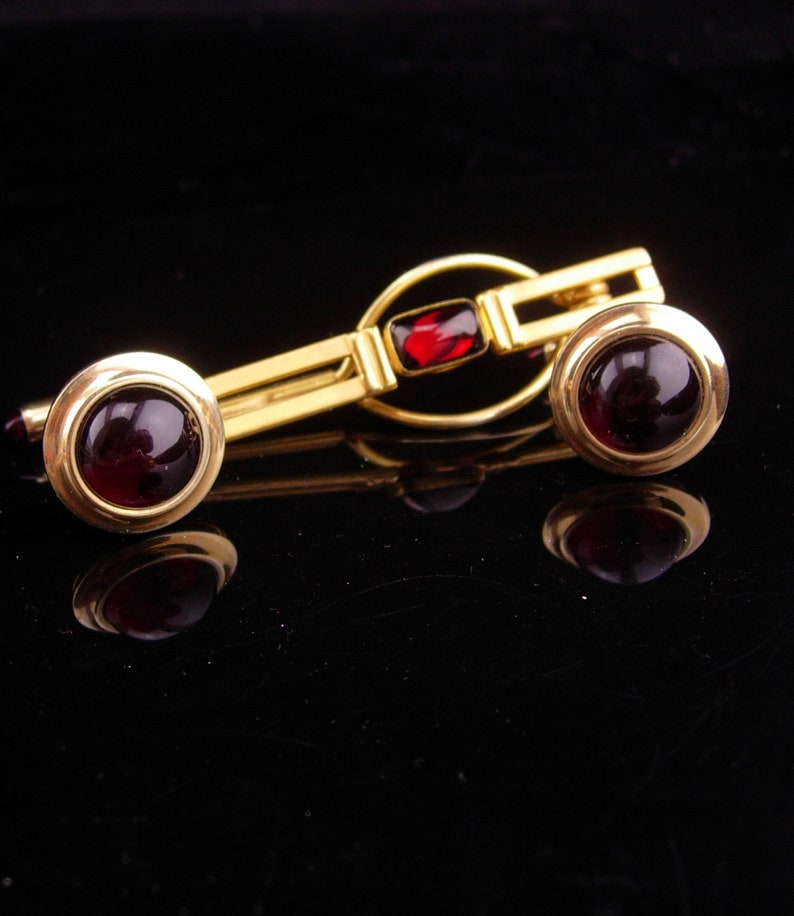 Krementz cufflinks RED jeweled ends vintage tie clip formal wear mens jewelry designer swank tie bar wedding groom fathers day