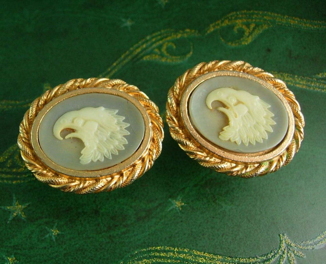 HUGE Eagle Cufflinks Incolay Heraldry Symbol Bird Figural Cameo