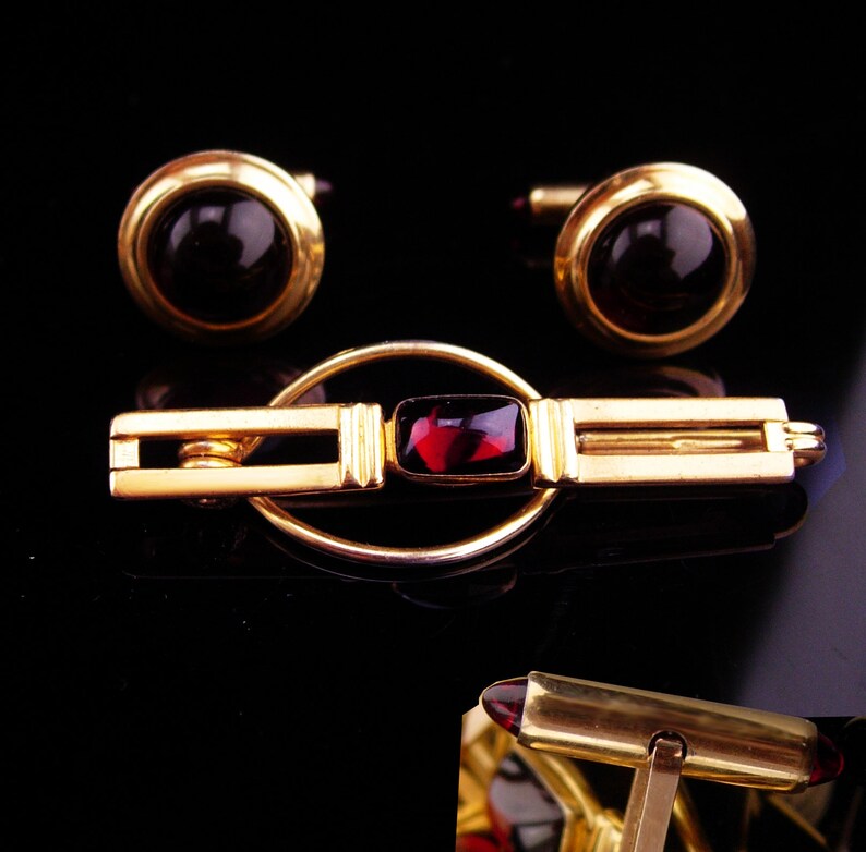 Krementz cufflinks RED jeweled ends vintage tie clip formal wear mens jewelry designer swank tie bar wedding groom fathers day