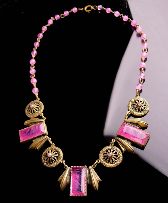 Vintage Czech Necklace -  Art deco Brass pendants… - image 6