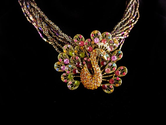 Vintage Dramatic peacock necklace - rhinestone br… - image 2