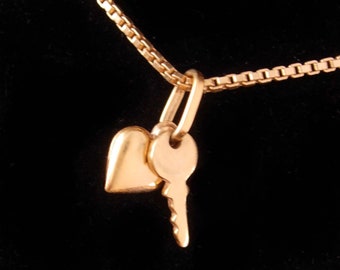 Vintage Monet Necklace - golden Heart and key charm - sweetheart jewelry - couture designer estate jewelry