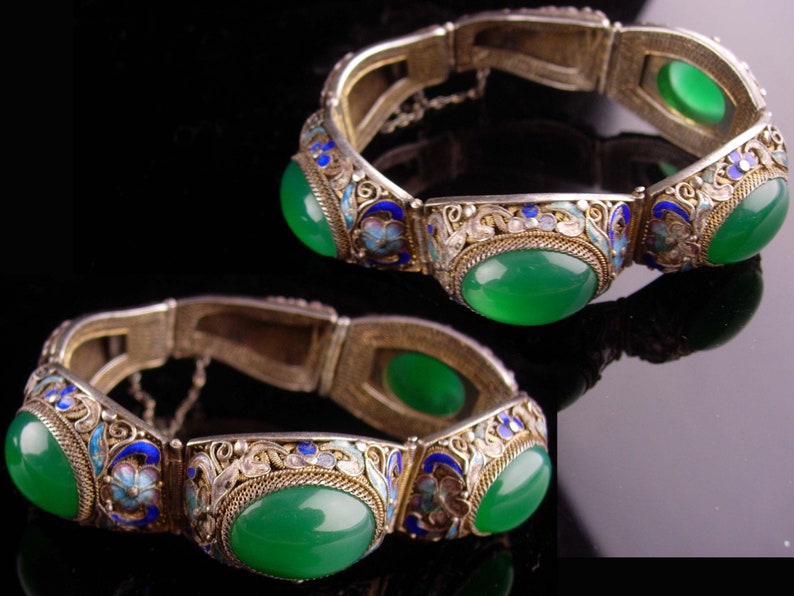 Antique Chinese export bracelet ancient stone sterling silver filigree Enamel flowers hinged bracelet vintage ethnic jewelry image 3