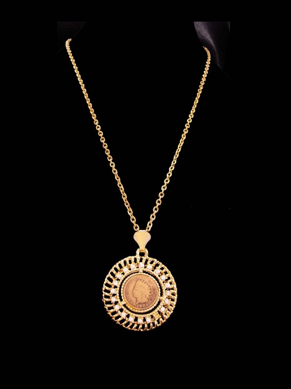 Antique 1904 Indian Head Penny Pendant - Rhinestone Necklace