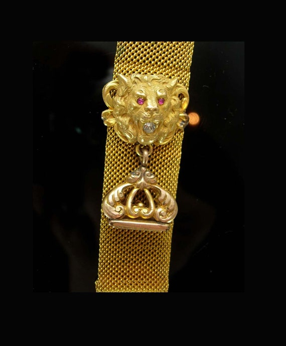 Antique Lion Fob watch chain Ruby Rhinestone eyes 