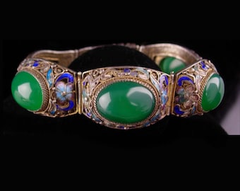 Antique Chinese export bracelet - ancient stone - sterling silver filigree - Enamel flowers - hinged bracelet - vintage ethnic jewelry