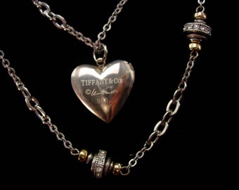 Sterling Tiffany heart necklace - Vintage Elsa Peretti locket 925 Sweetheart gift / rhinestone rondell chain - anniversary gift Copy