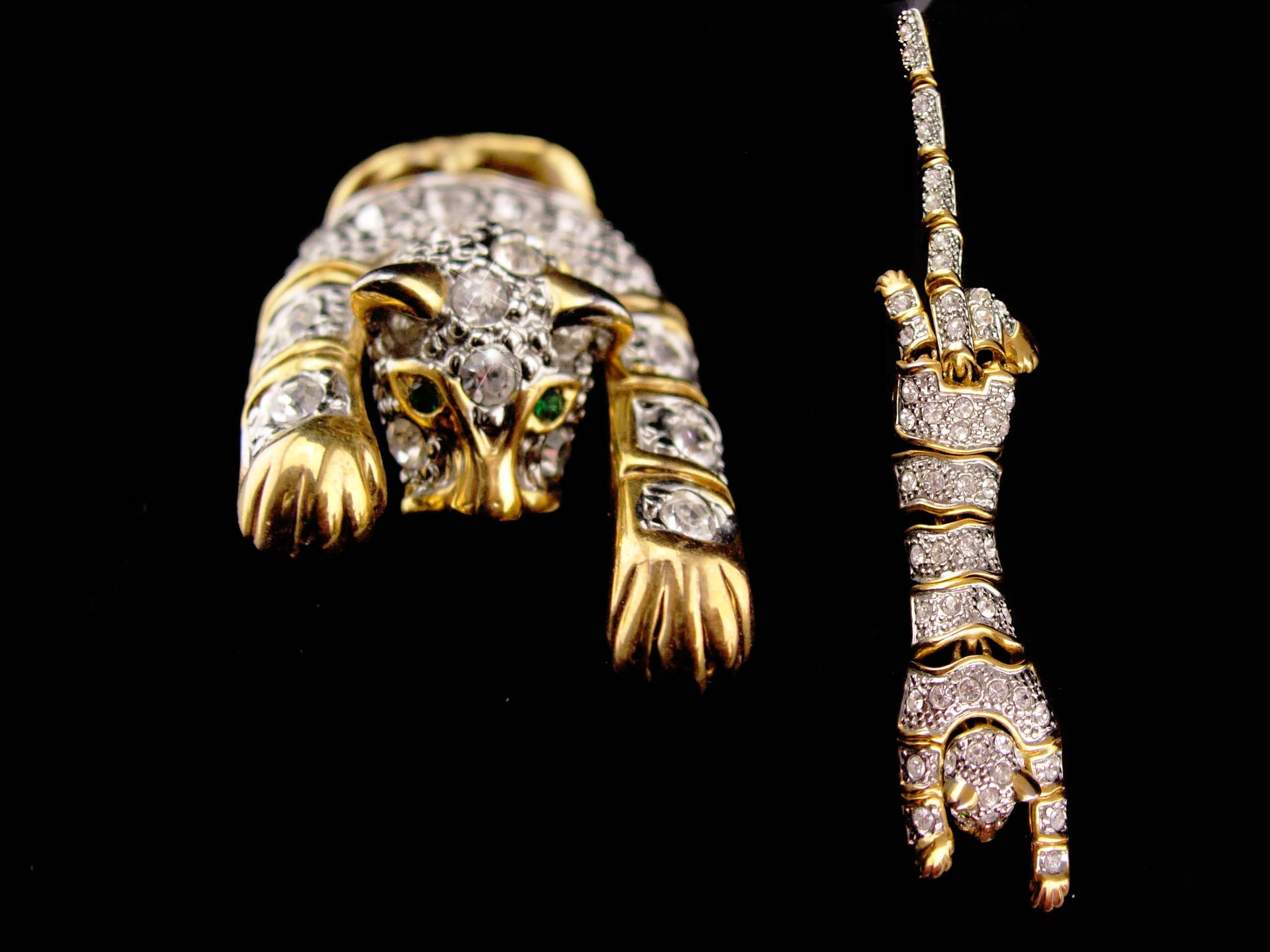 Rhinestone Panther brooch - BIG Cat leopard - shoulder wrap rhinestone - vintage gold tiger brooch - leopard womens animal lover