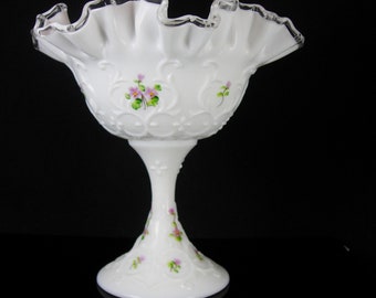 Fenton Signed Compote crimped ruffled edge Violet flowers White pedestal bottom candy dish DANE F.