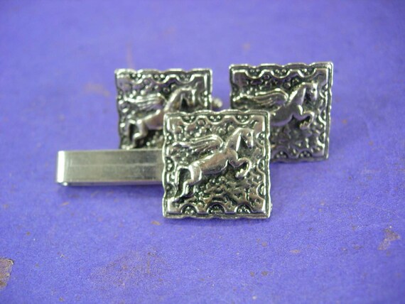 Unicorn Cufflinks silver plate horse tie clip SWA… - image 5