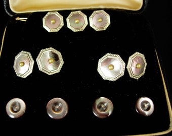 Rolled Gold Cufflinks Tuxedo set Vintage GROOM Krementz silver Seed pearl abalone Shirt Studs Original Case Wedding Tuxedo Valentines