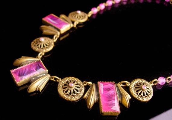 Vintage Czech Necklace -  Art deco Brass pendants… - image 5