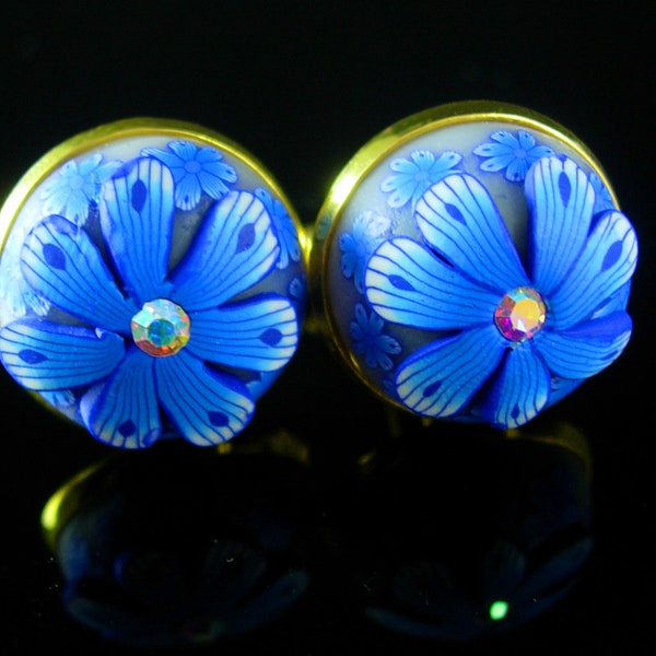 Blue Artsy Cufflinks pop art cuff links rhinestone Flower gold plate Cufflinks metrosexual Wedding jewelry mens floral paperweight style