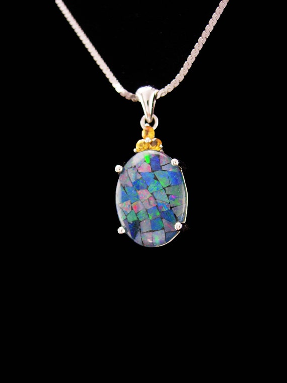 Sterling Mosaic Opal and Orange Sapphire necklace… - image 2