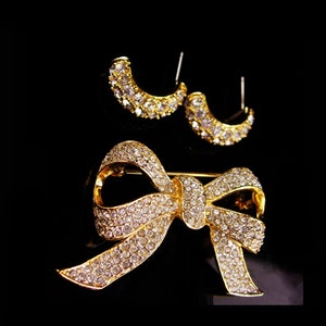 KJL Vintage earrings Pave brilliant rhinestone Bow Brooch Designer hoop pierced Couture jewelry kenneth Jay Lane wedding earrings image 3