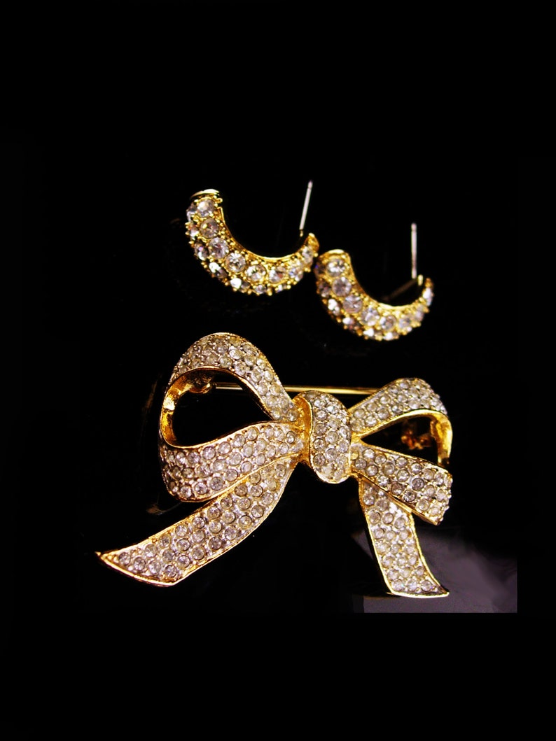 KJL Vintage earrings Pave brilliant rhinestone Bow Brooch Designer hoop pierced Couture jewelry kenneth Jay Lane wedding earrings image 3