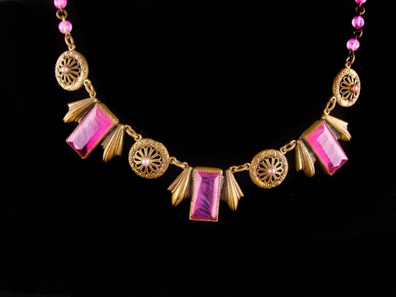 Vintage Czech Necklace -  Art deco Brass pendants… - image 2