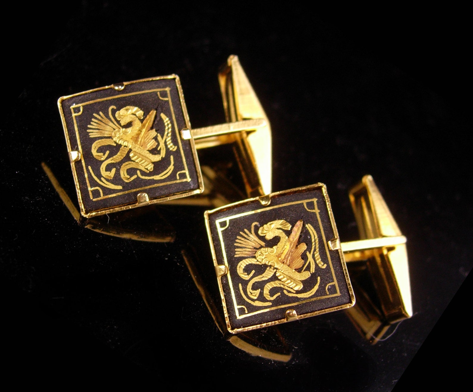 Vintage Dragon Cufflinks / Golden Black Damascene Set / Etsy
