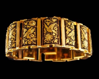 Victorian mourning Bracelet - hollow 24kt gold kilates hinged Vintage Dove design - black gold relief