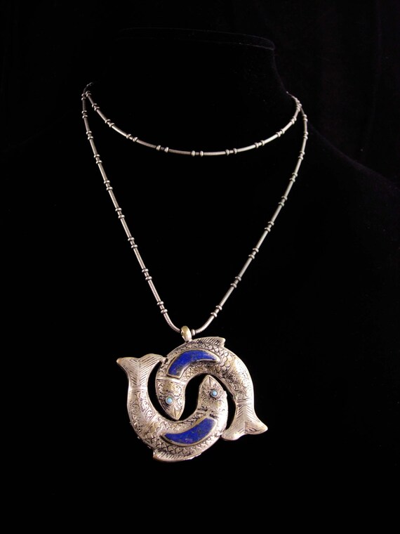 Vintage  large Lapis fish necklace - Turkish Neck… - image 2