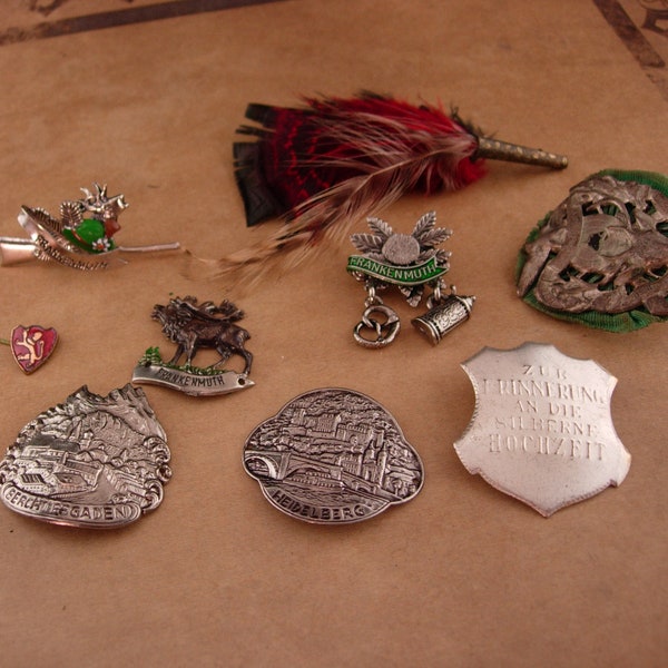 Vintage German hat pin lot / red feather lapel pin / Germany Hat badges / mens hat accessory / Frankenmuth - German towns