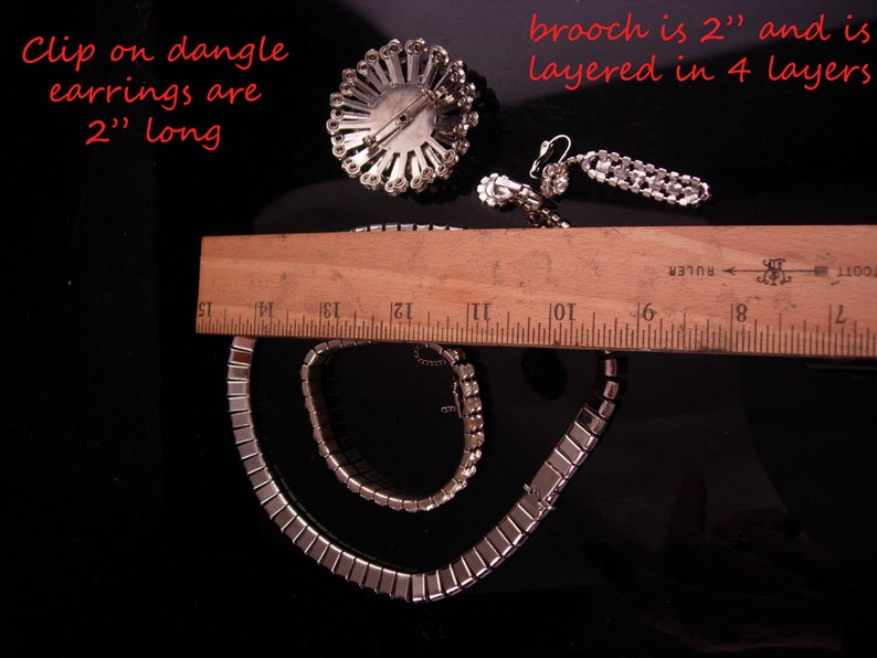 Vintage Rhinestone parure deco silver necklace 14 choker 2 chandelier earrings Dazzling bracelet clip on earrings big brooch image 5