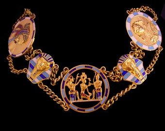 Vintage Egyptian Bracelet - enamel pharaoh - 9" cleopatra jewelry - art deco style - king tut bracelet - goddess jewelry