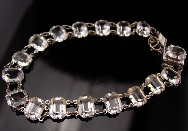 Vintage Art deco rock crystal bracelet / Antique brilliant faceted open back quartz bracelet estate jewelry safety chain image 5