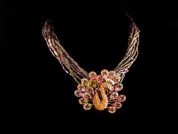 Vintage Dramatic peacock necklace - rhinestone br… - image 1