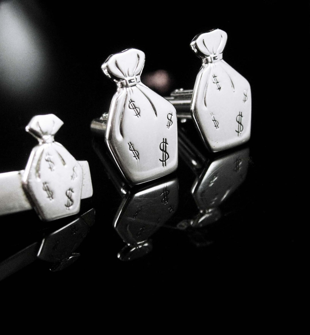 Banker Cufflinks Money Bags Tie Clip Set Vintage Wallstreet Banking